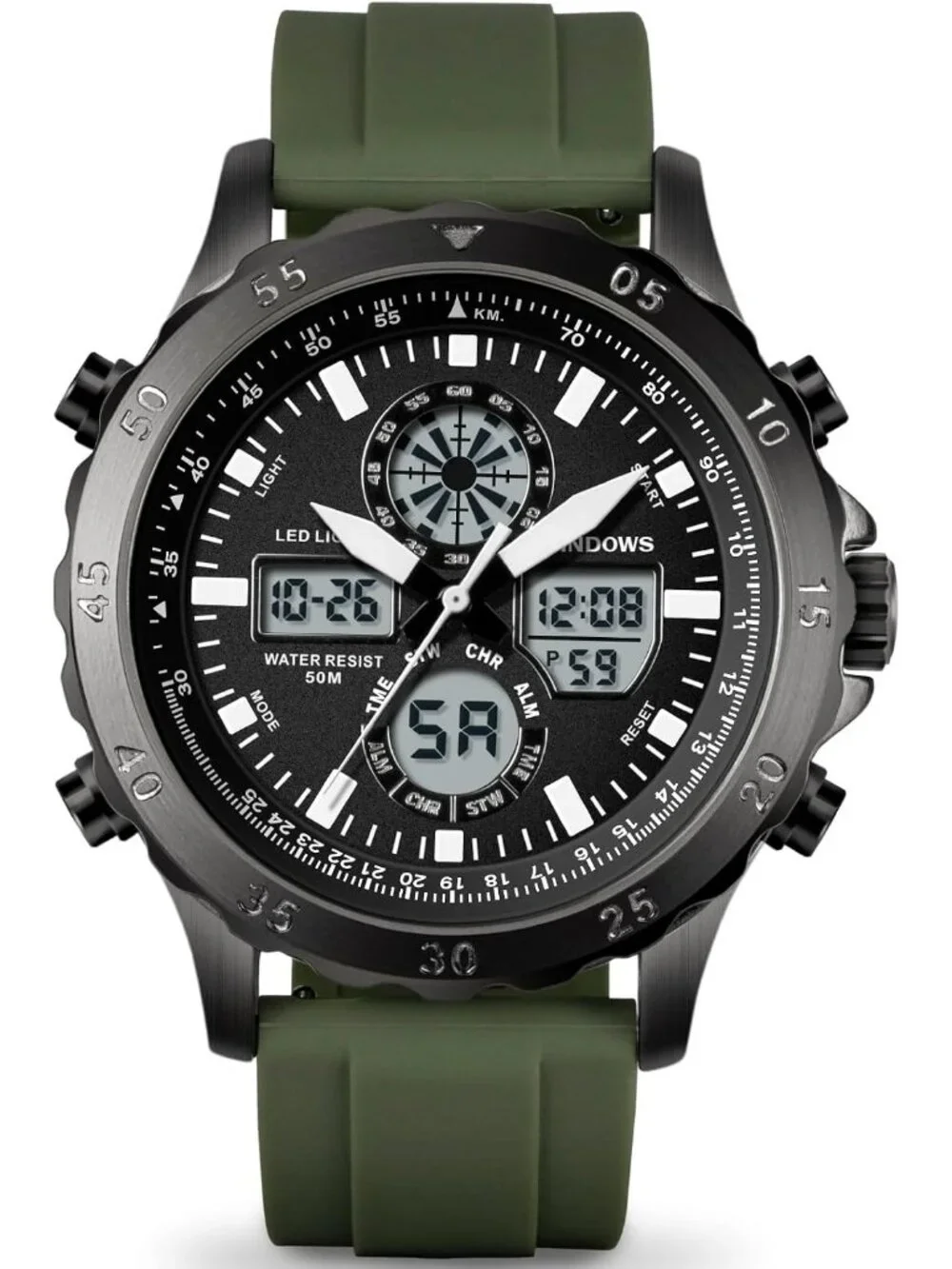 Men's Heavy Duty Green/Black Digital Analog Multifunction Casual Wrist Watch